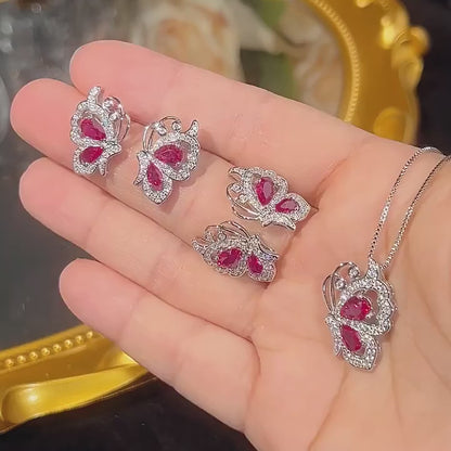 Luxury Ruby Butterfly Zircon Jewelry Set – Necklace Earrings & Ring