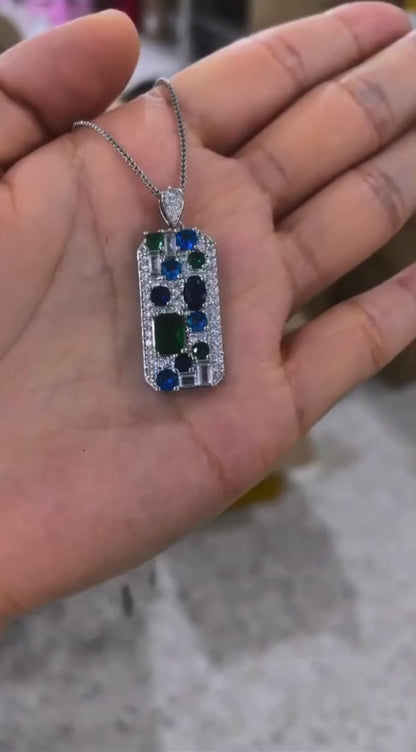 Blue Green Cubic Zirconia Silver Pendant Necklace