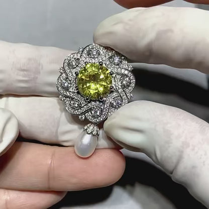 Luxury 925 Sterling Silver Pearl Brooch – Yellow Crystal Flower Pin