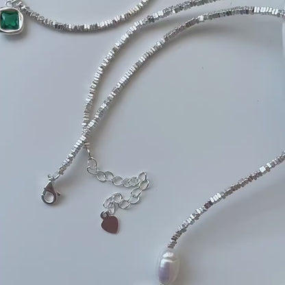 Elegant Green Zircon & Pearl Necklace – 925 Sterling Silver Choker