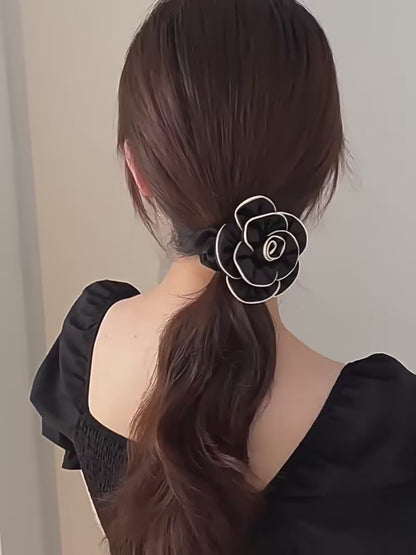 Satin Rose Scrunchie – Chic Floral Hair Tie